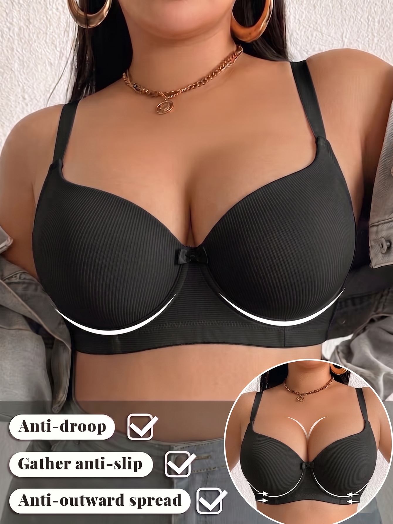 Plunge Bra Push Up - Plus Size Ribbed Women Bra Thin