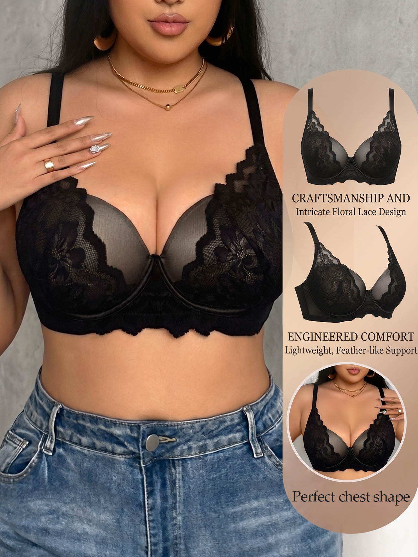 Wide Strap Plus Size Women Bra - Plunge Bra Push Up recension och pris