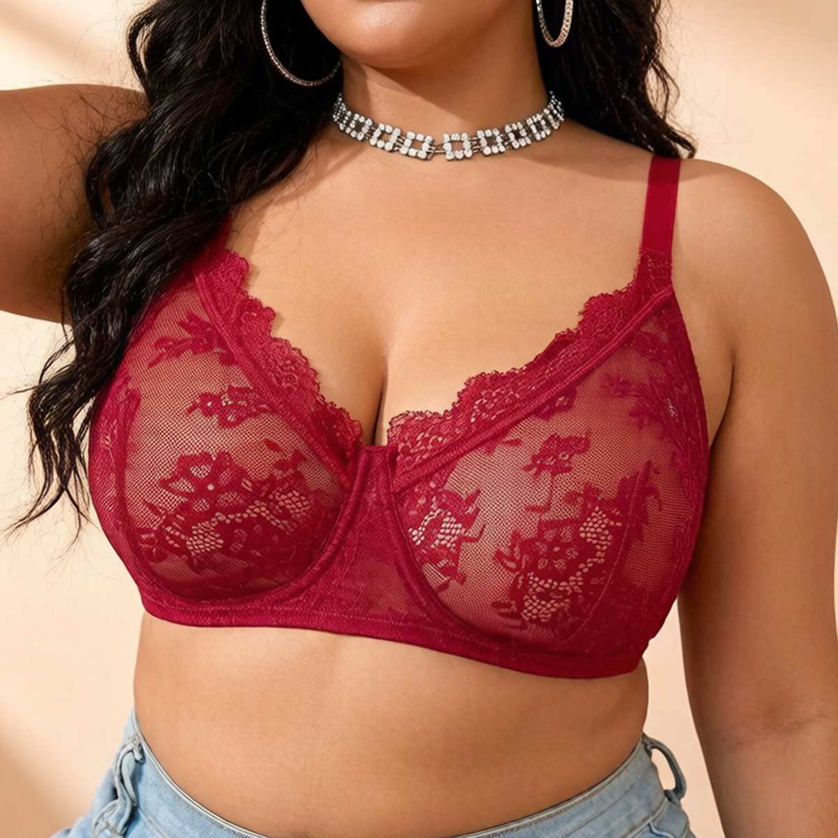 Women Plus Size Red Lace Sheer - Full Coverage Bra recension och pris