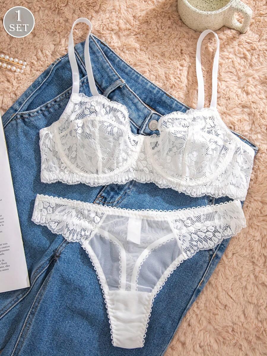 White Lace Bra and Panty Set w - Sheer Mesh Bra recension och pris