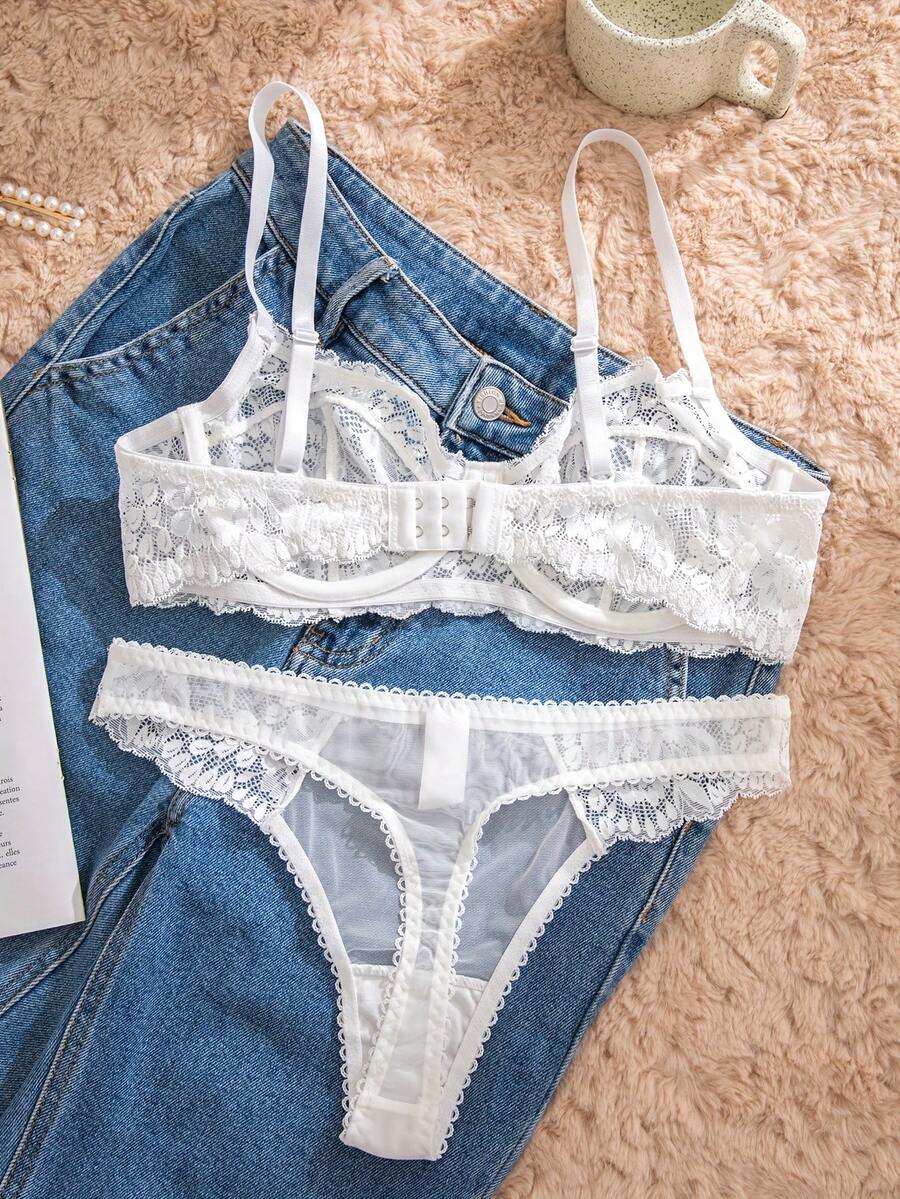 White Lace Bra and Panty Set w - Sheer Mesh Bra recension och pris