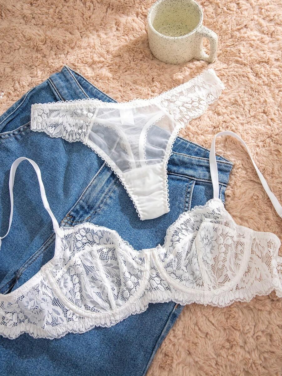White Lace Bra and Panty Set w - Sheer Mesh Bra recension och pris