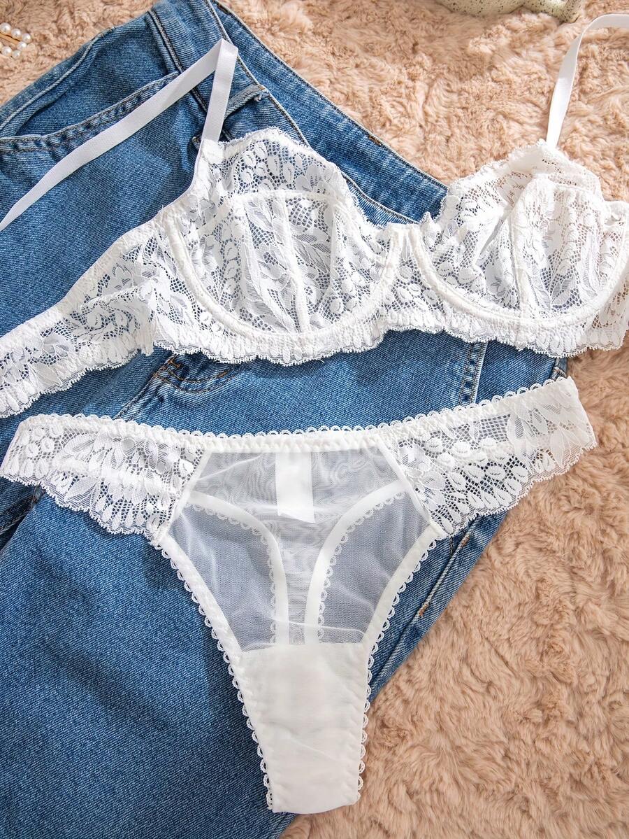 White Lace Bra and Panty Set w - Sheer Mesh Bra recension och pris