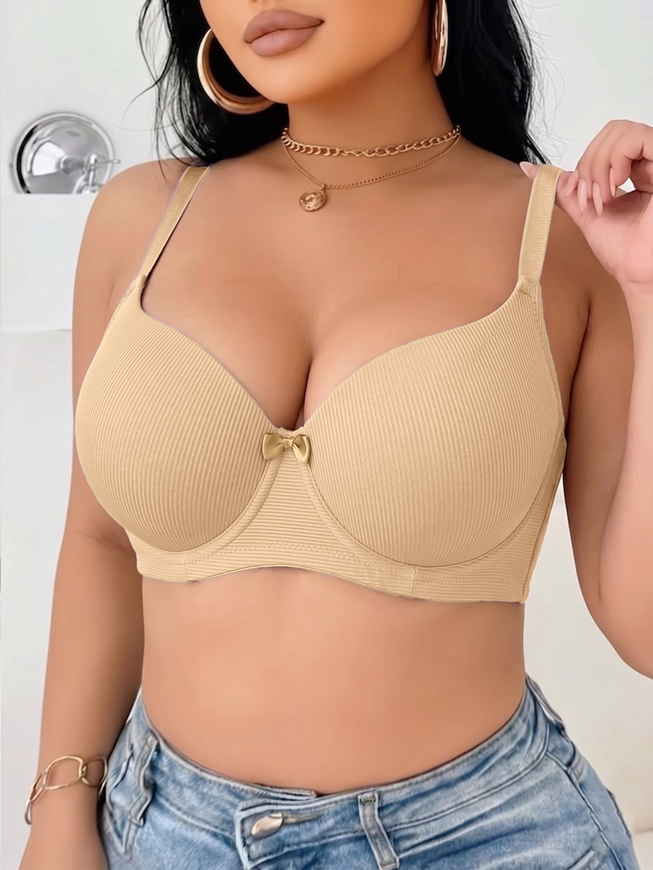 Plus Size Ribbed Women Bra Thi - Plunge Bra Push Up recension och pris